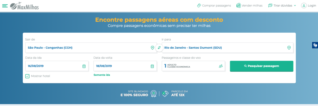 Buscador de passagens aéreas da MaxMilhas