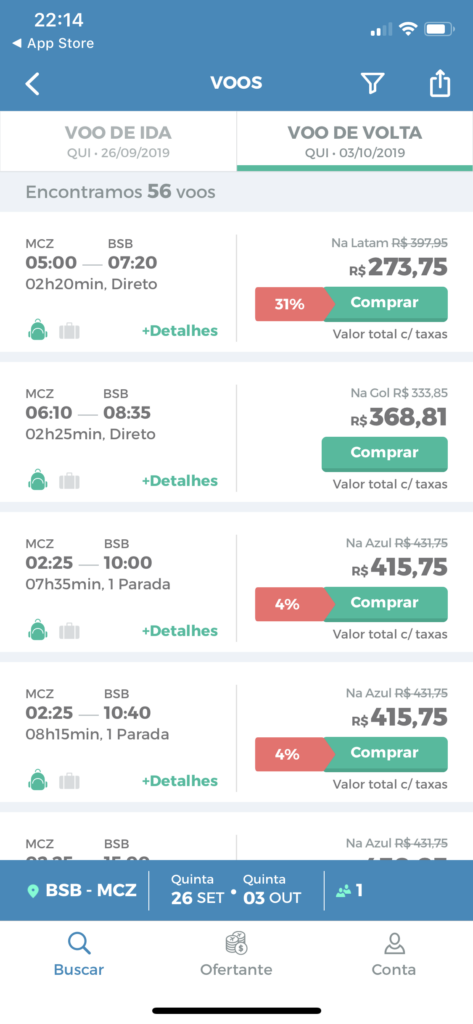 App MaxMilhas pro iOS: resultado de passagens com desconto